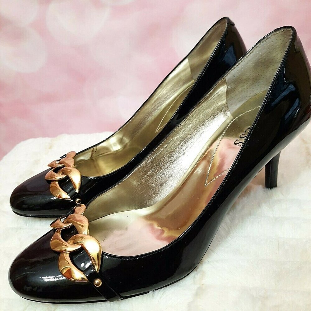 Guess Black Patent Leather Pumps US Size 9 High Heels Gold Chain Detail shoes
